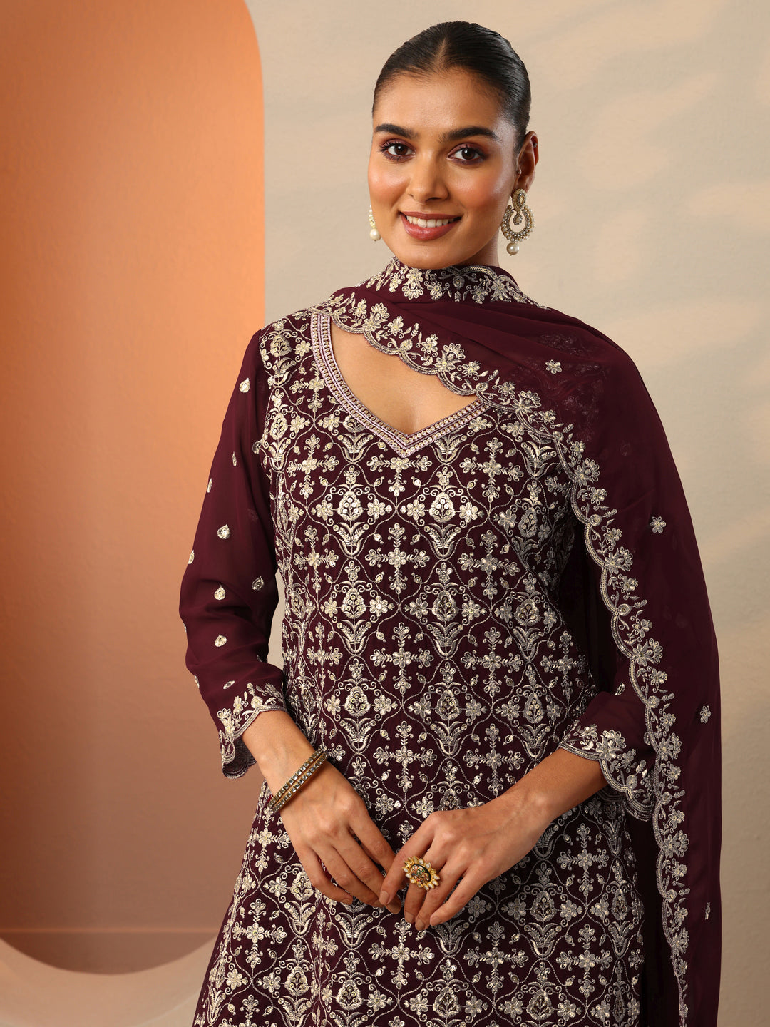Maroon Embroidered Georgette Straight Suit Set With Dupatta