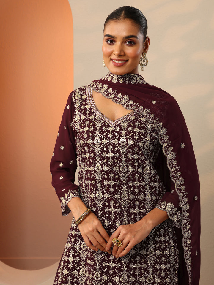 Maroon Embroidered Georgette Straight Suit Set With Dupatta