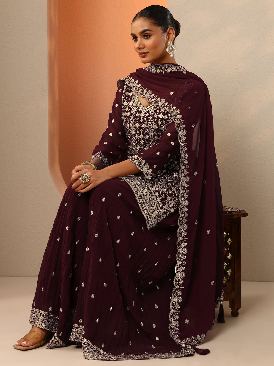 Maroon Embroidered Georgette Straight Suit Set With Dupatta