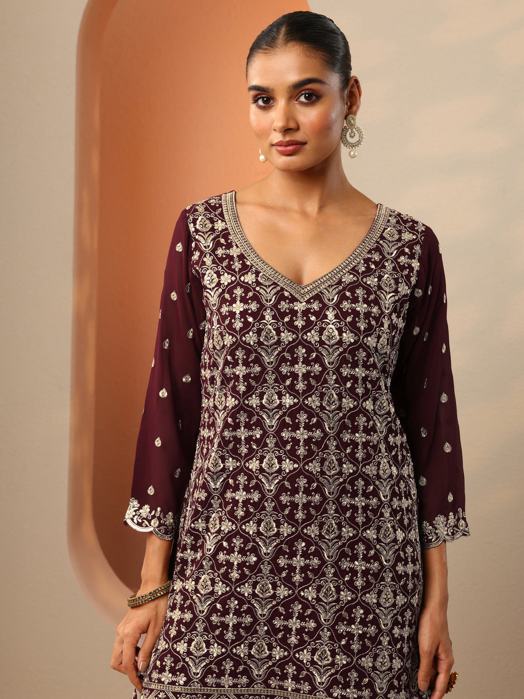 Maroon Embroidered Georgette Straight Suit Set With Dupatta
