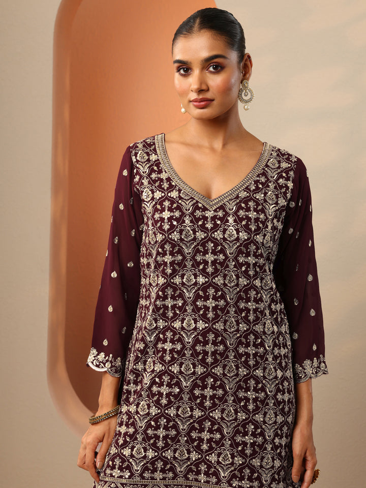 Maroon Embroidered Georgette Straight Suit Set With Dupatta