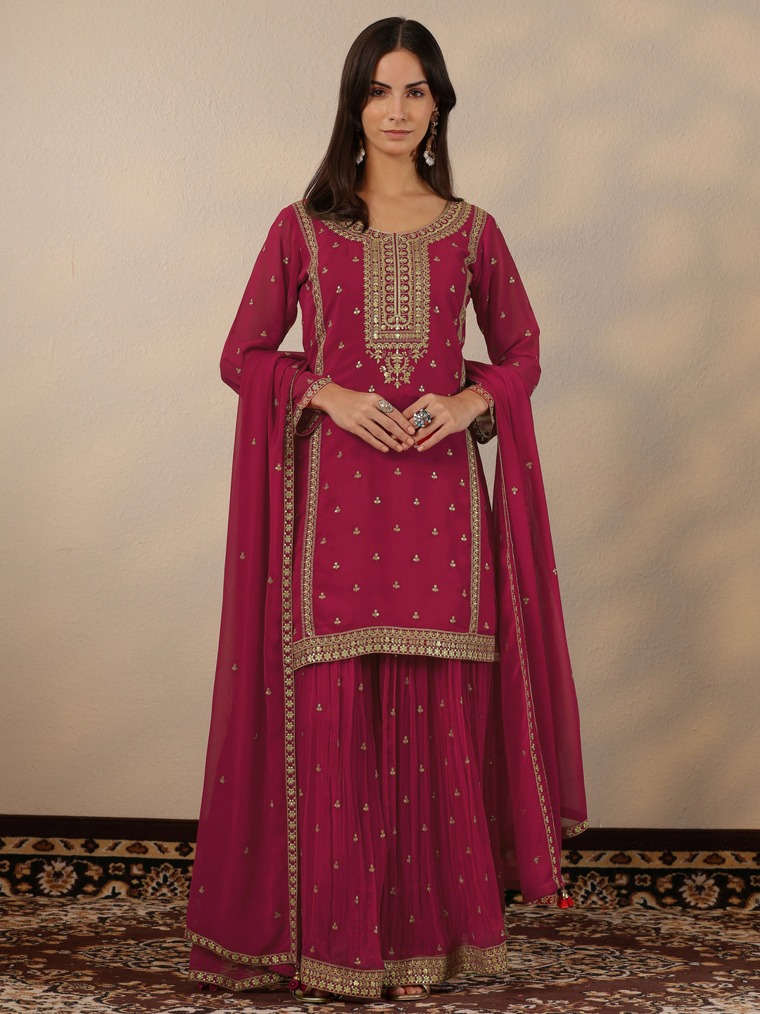Pink Embroidered Georgette Suit Set With Dupatta