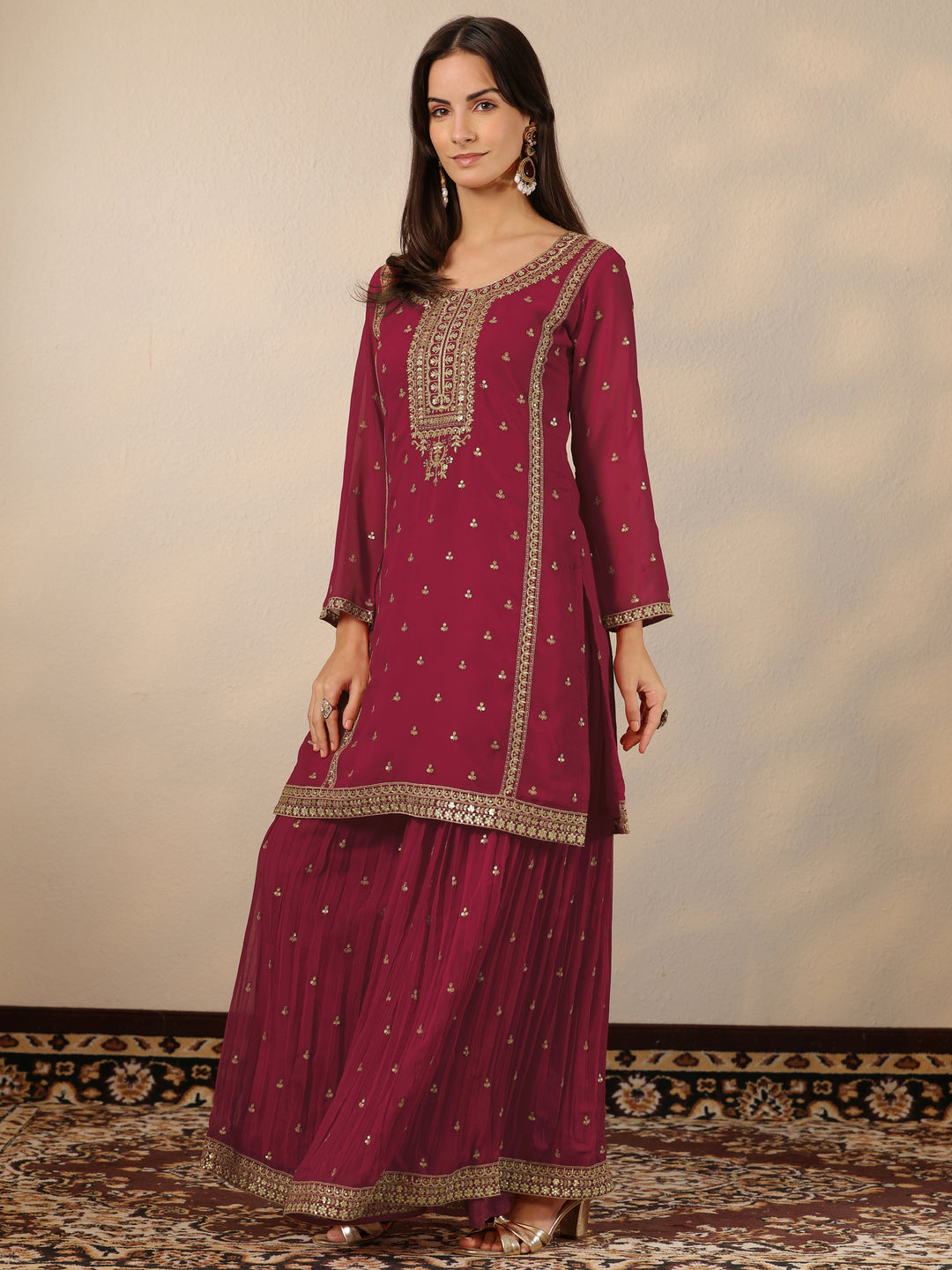 Pink Embroidered Georgette Suit Set With Dupatta