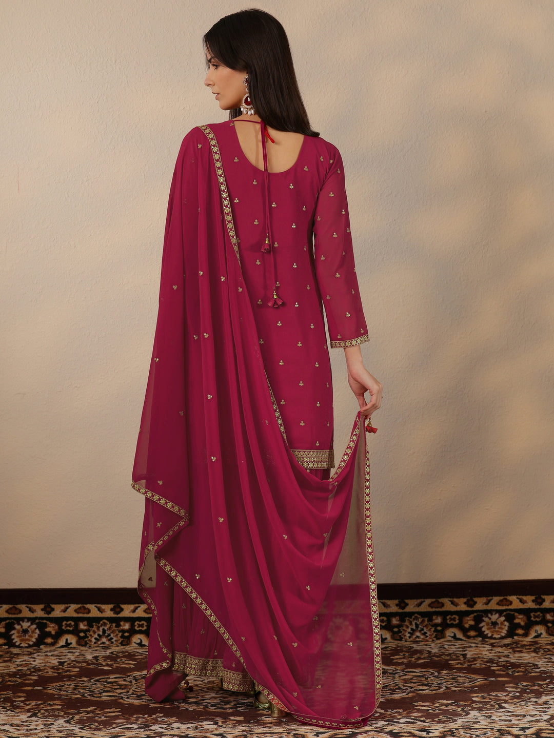Pink Embroidered Georgette Suit Set With Dupatta