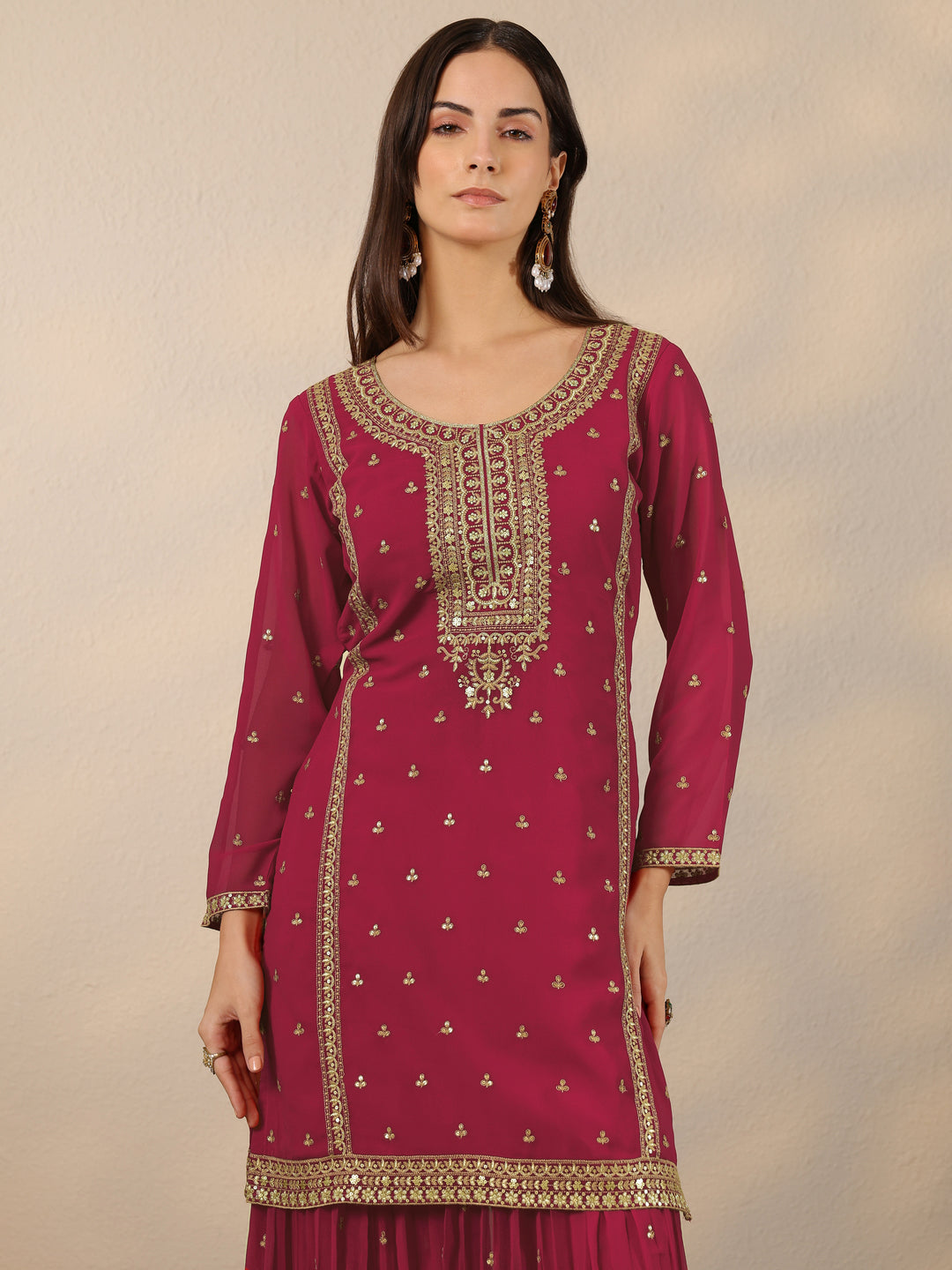 Pink Embroidered Georgette Suit Set With Dupatta