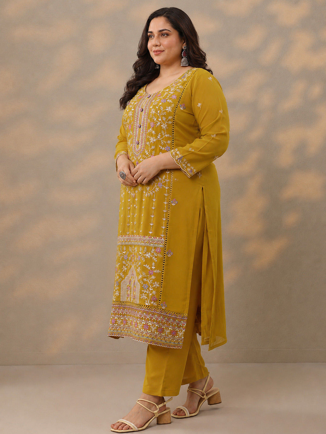 Plus Size Mustard Embroidered Georgette Straight Suit Set With Dupatta
