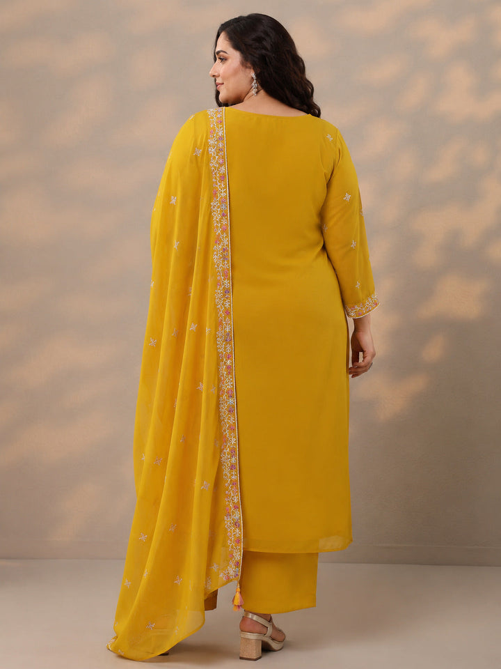 Plus Size Mustard Embroidered Georgette Straight Suit Set With Dupatta