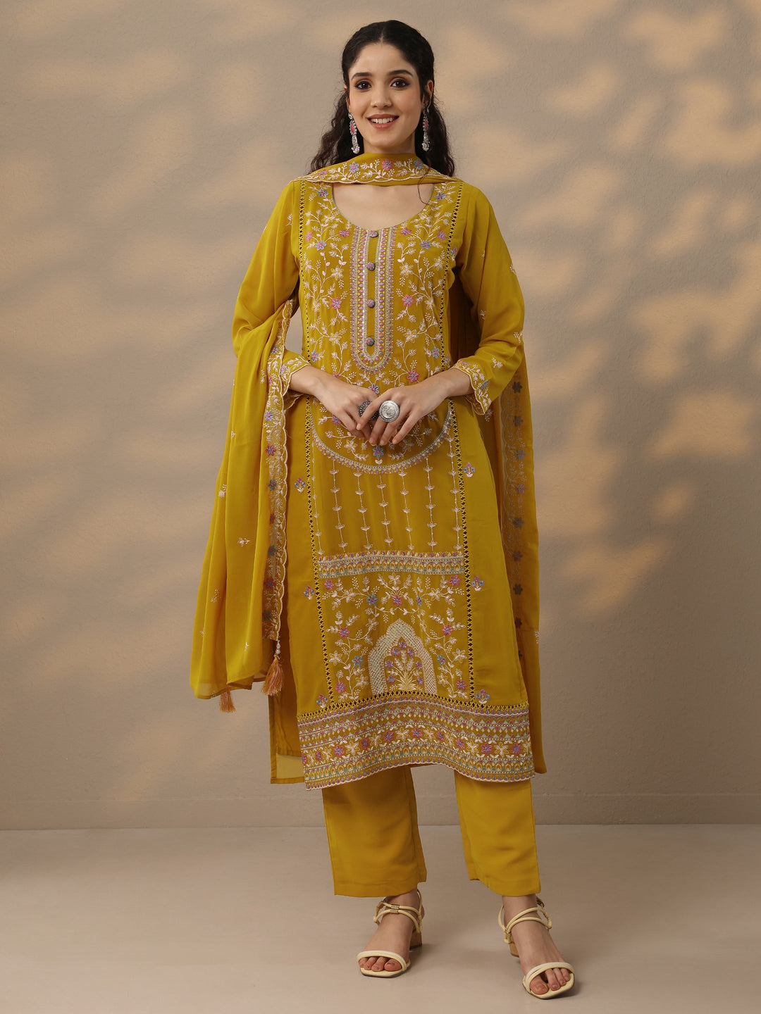 Mustard Embroidered Georgette Straight Suit Set With Dupatta