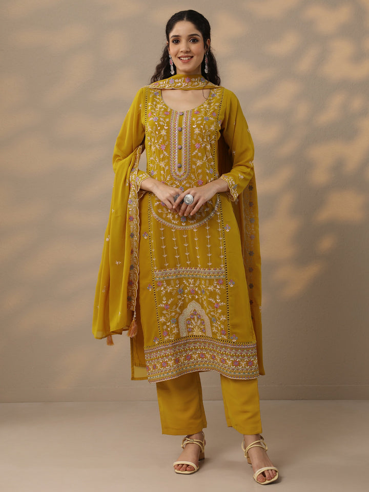 Mustard Embroidered Georgette Straight Suit Set With Dupatta