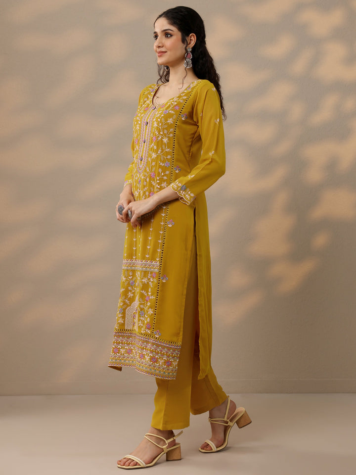 Mustard Embroidered Georgette Straight Suit Set With Dupatta