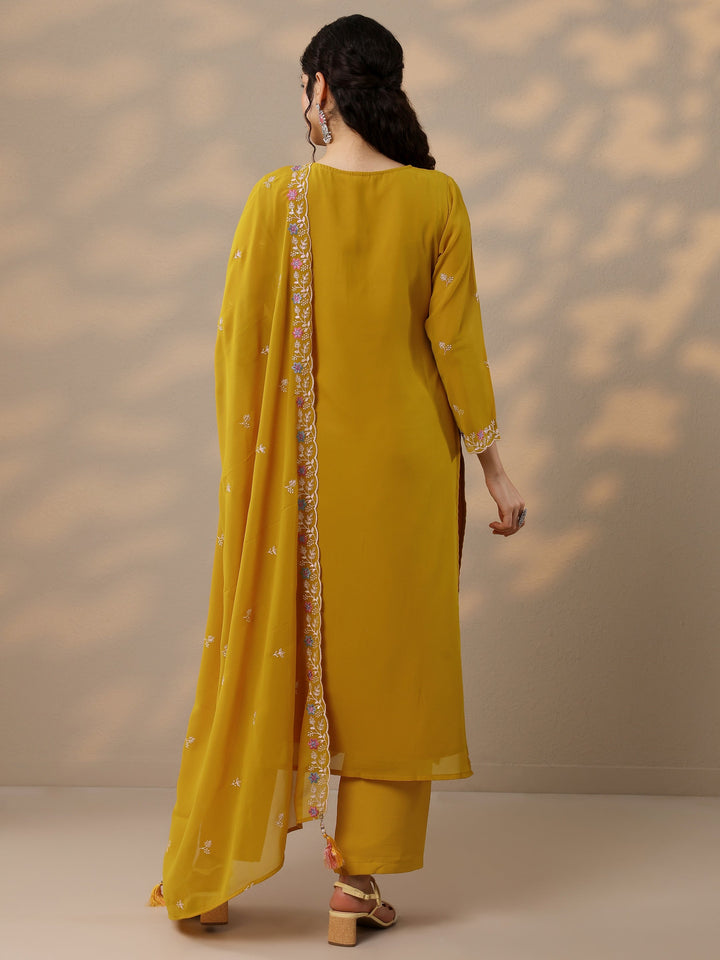 Mustard Embroidered Georgette Straight Suit Set With Dupatta