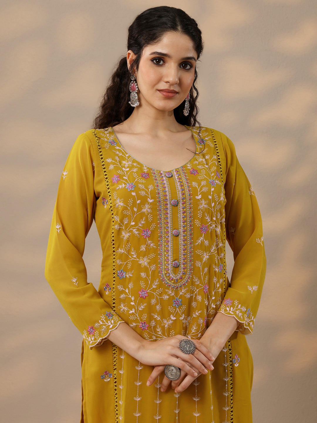 Mustard Embroidered Georgette Straight Suit Set With Dupatta