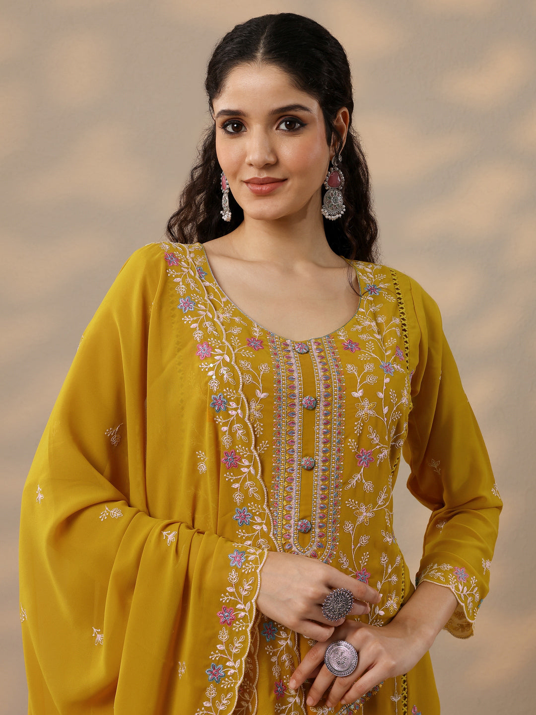 Mustard Embroidered Georgette Straight Suit Set With Dupatta