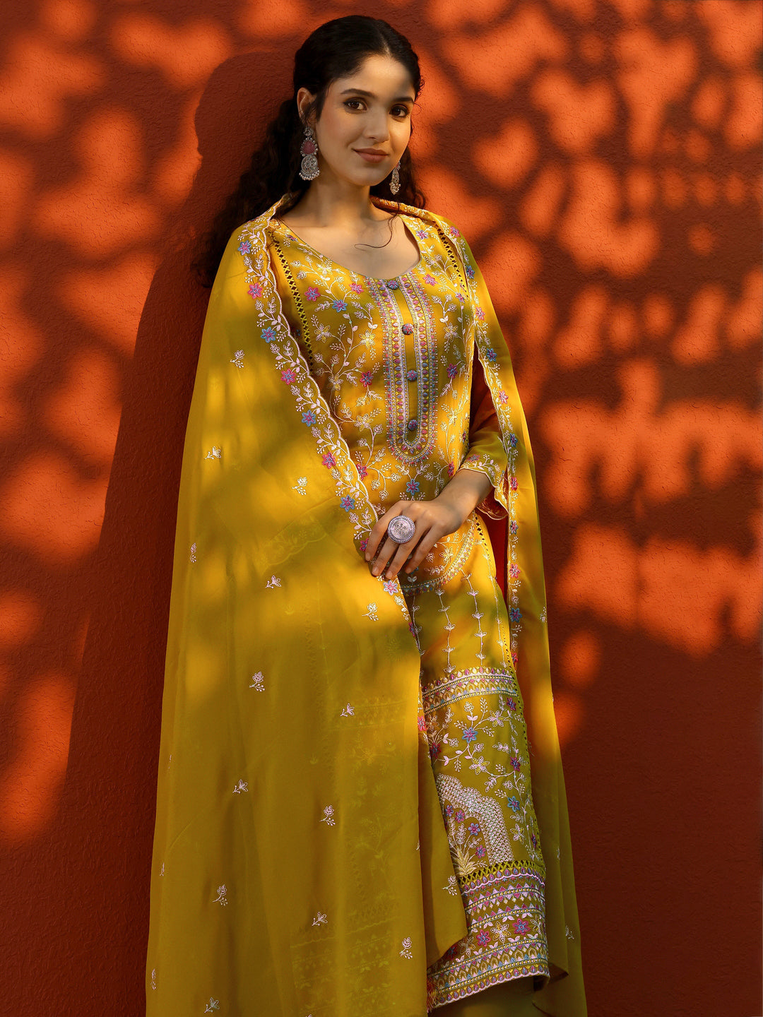 Mustard Embroidered Georgette Straight Suit Set With Dupatta