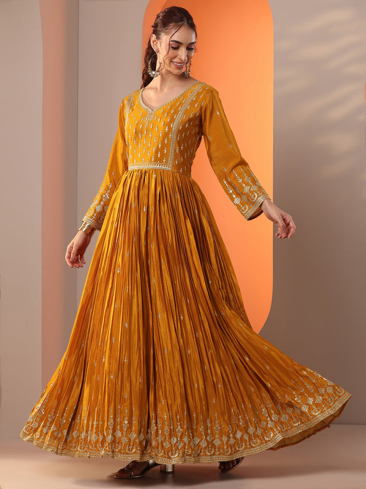 Libas Art Mustard Embroidered Chinon Anarkali Suit Set With Dupatta