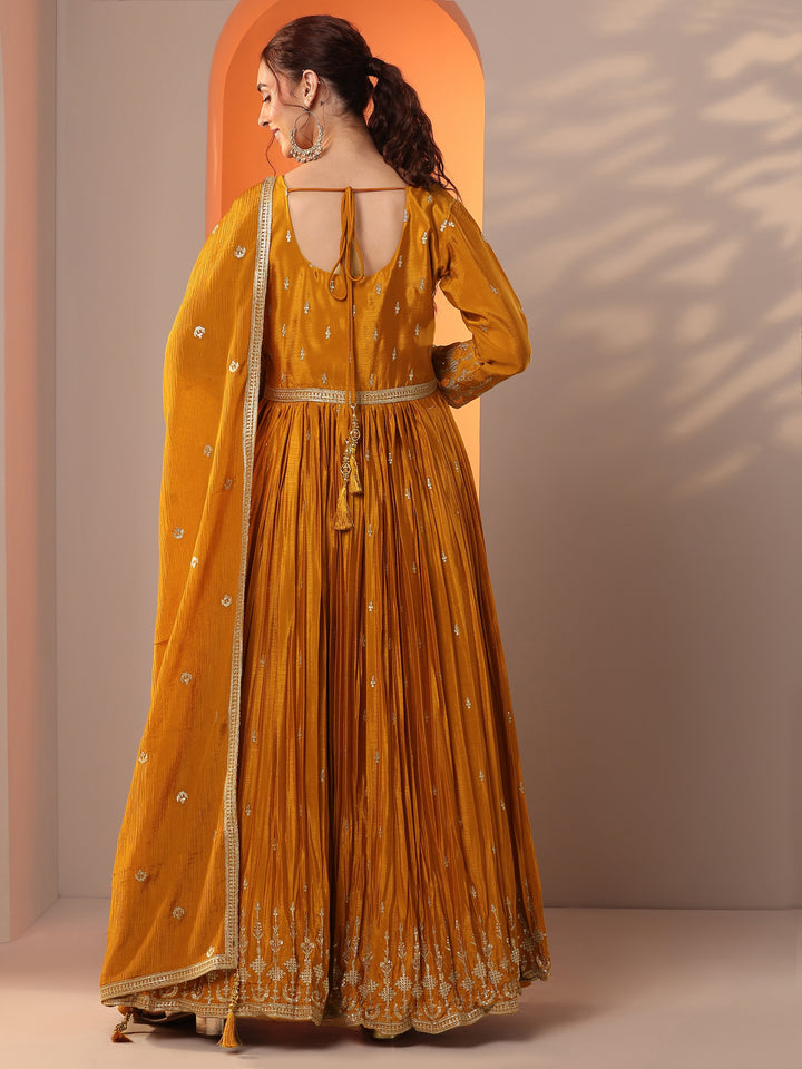 Libas Art Mustard Embroidered Chinon Anarkali Suit Set With Dupatta