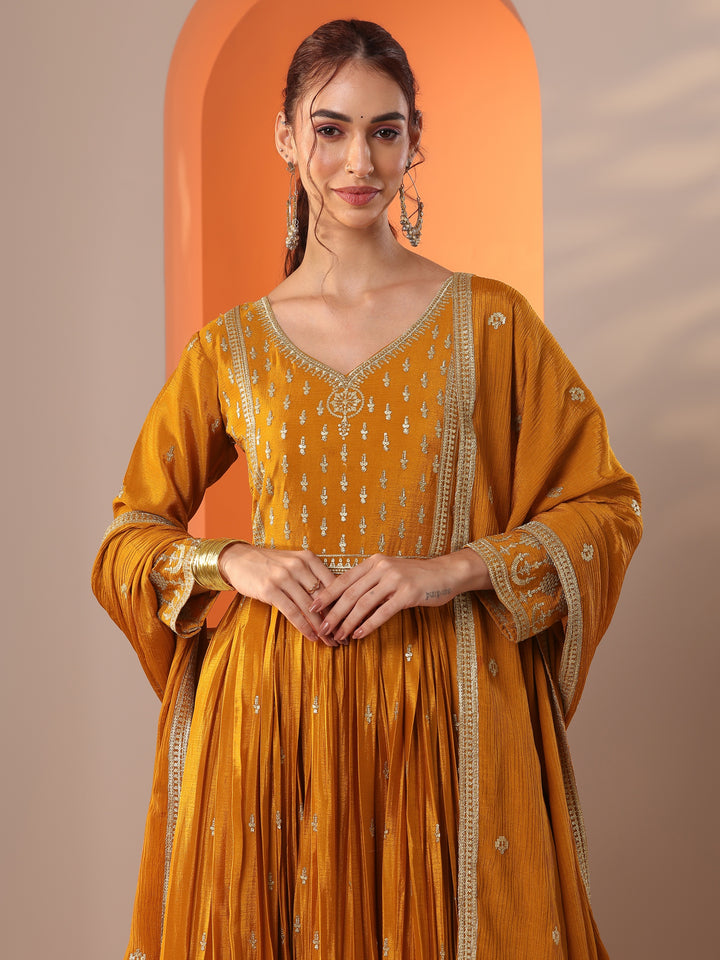 Libas Art Mustard Embroidered Chinon Anarkali Suit Set With Dupatta