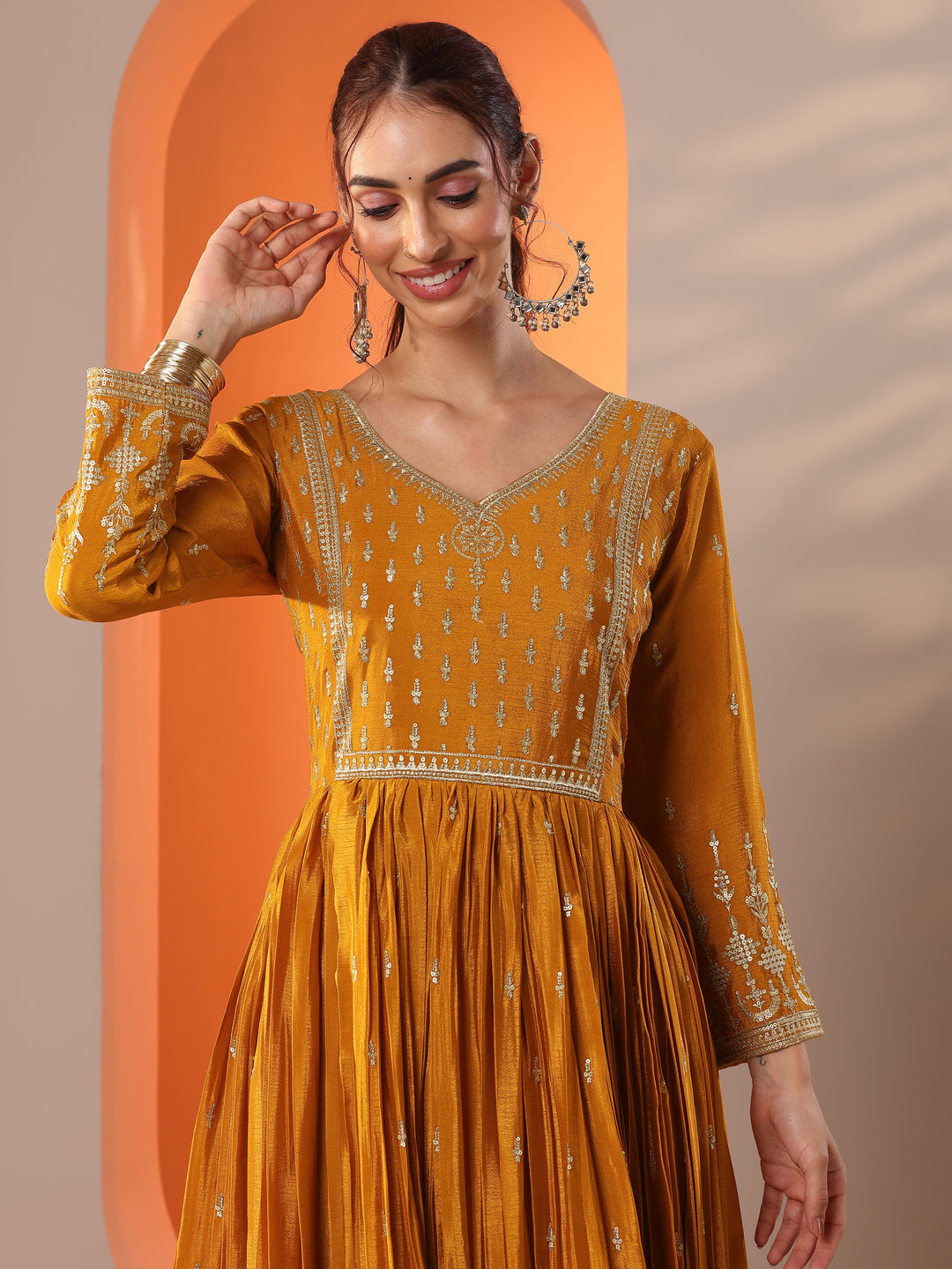 Libas Art Mustard Embroidered Chinon Anarkali Suit Set With Dupatta
