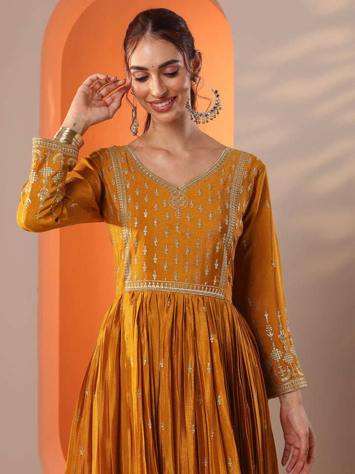 Libas Art Mustard Embroidered Chinon Anarkali Suit Set With Dupatta