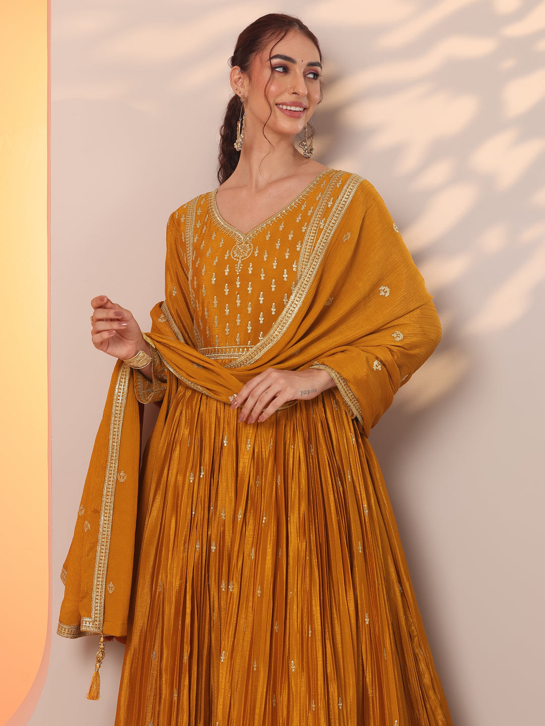 Libas Art Mustard Embroidered Chinon Anarkali Suit Set With Dupatta