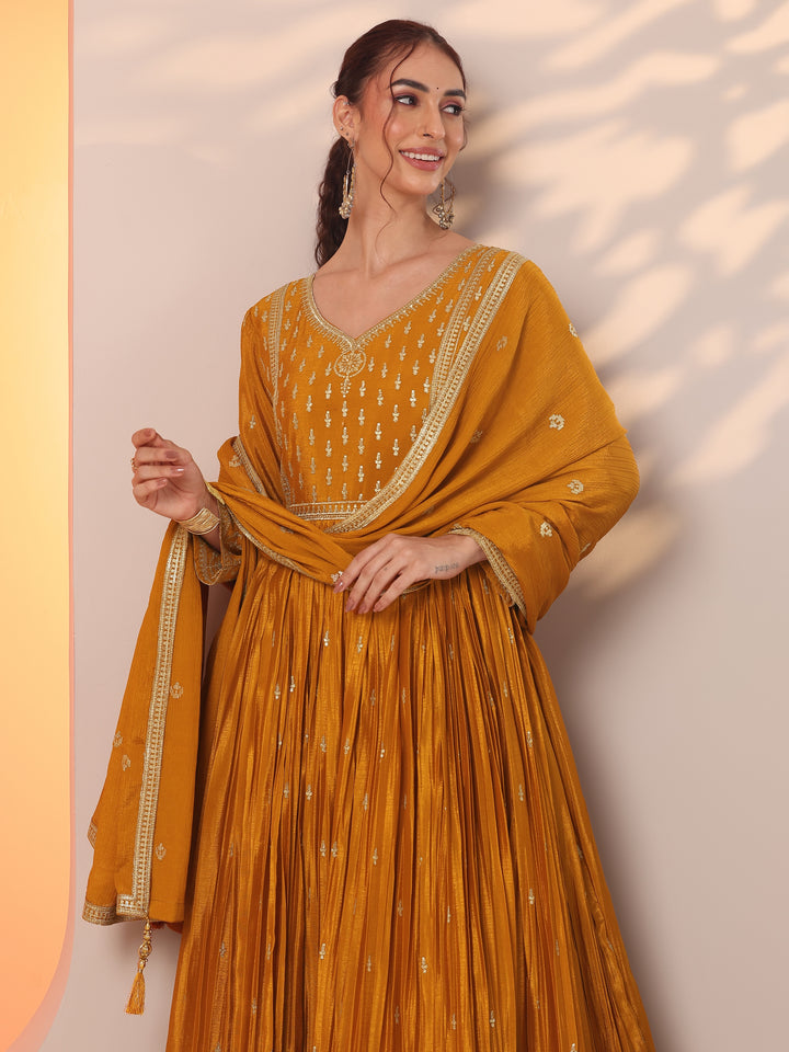 Libas Art Mustard Embroidered Chinon Anarkali Suit Set With Dupatta