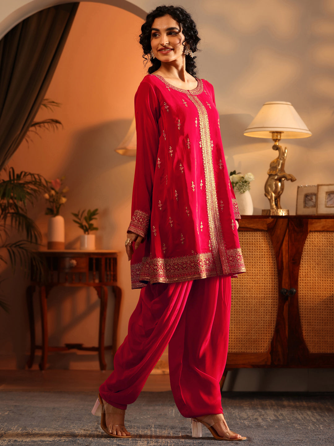 Libas Art Red Embroidered Silk Blend Straight Suit Set With Dupatta