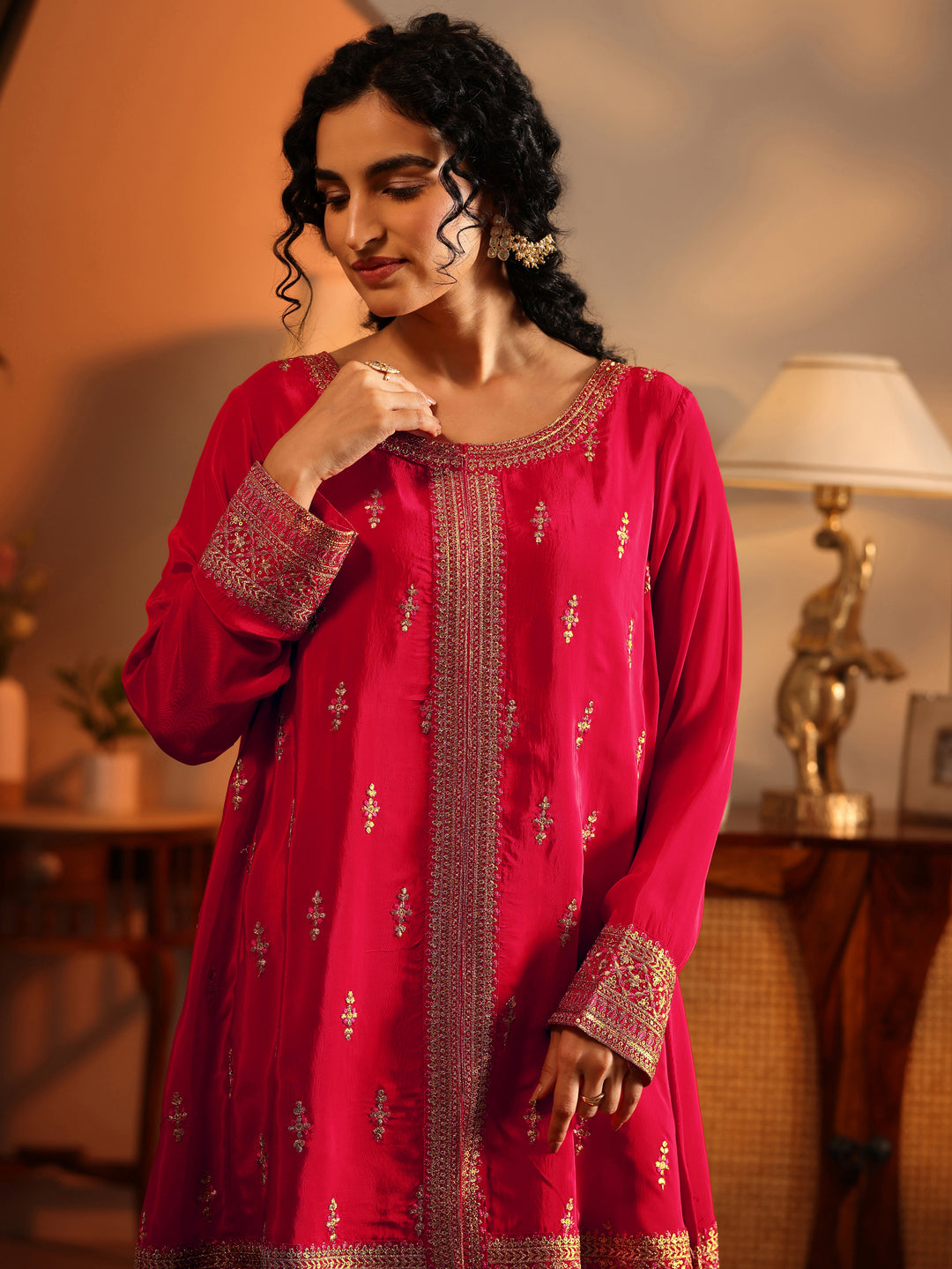 Libas Art Red Embroidered Silk Blend Straight Suit Set With Dupatta