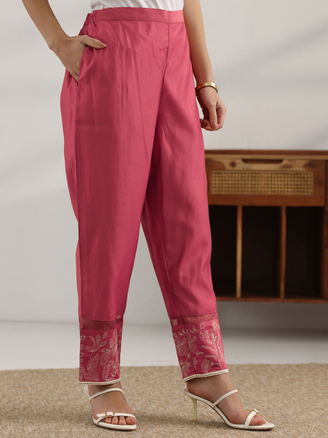 Coral Solid Silk Blend Co-Ord Sets