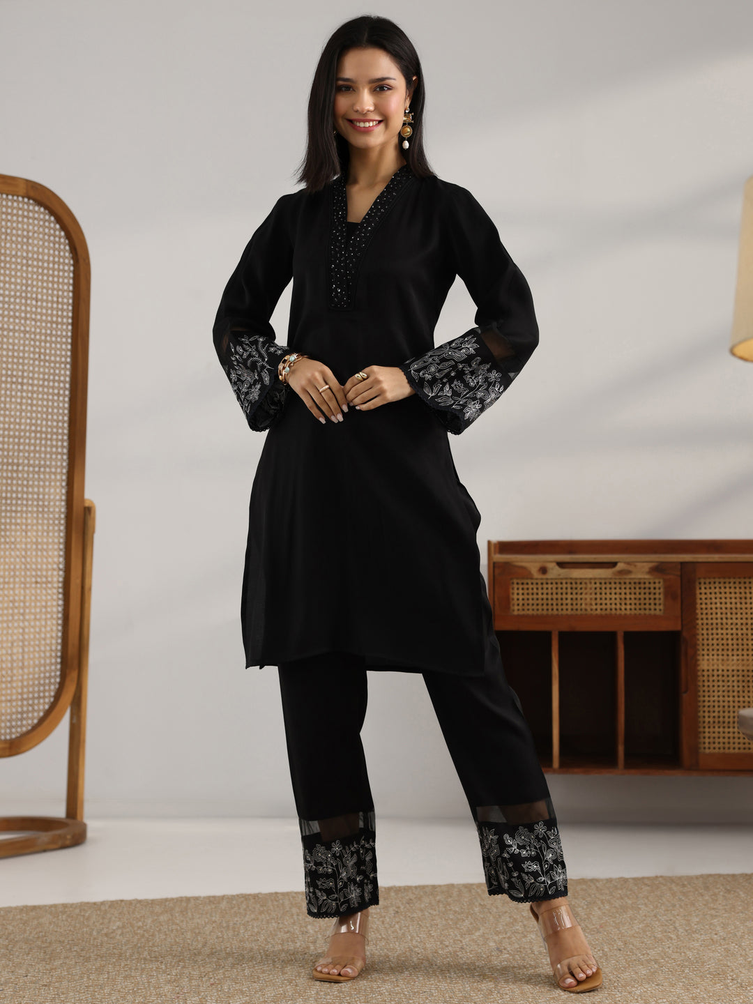 Black Embroidered Silk blend Co-Ord Sets