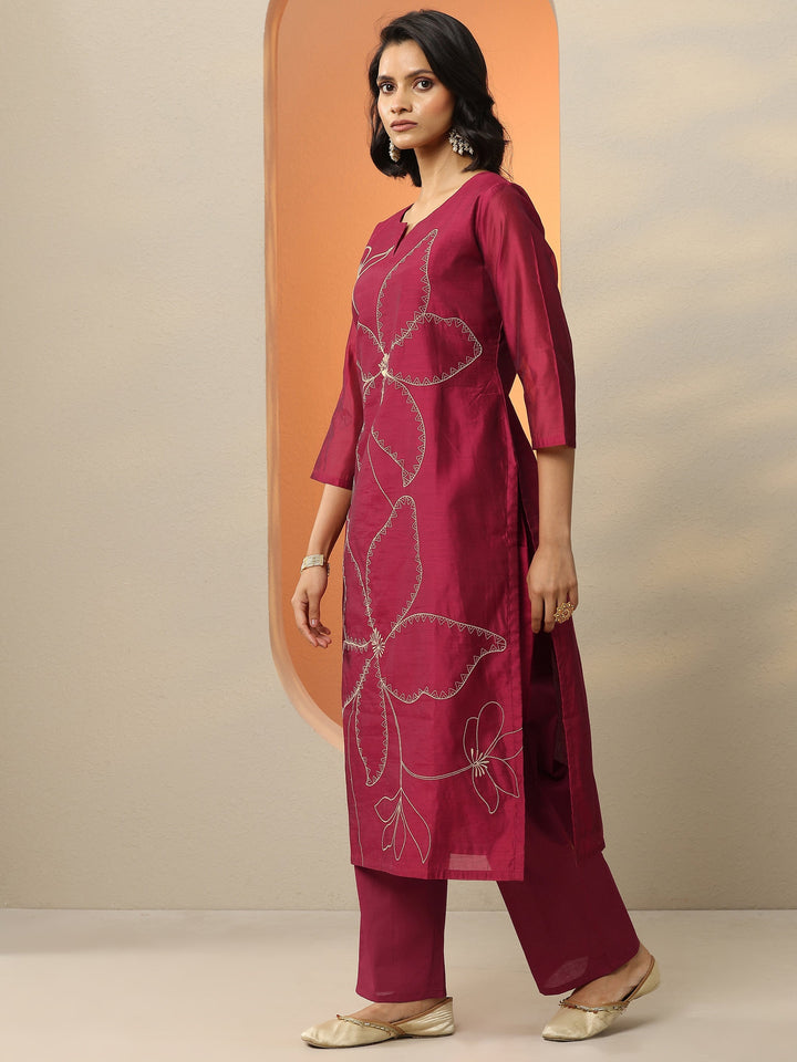 Maroon Embroidered Silk Blend  Straight Suit Set With Dupatta