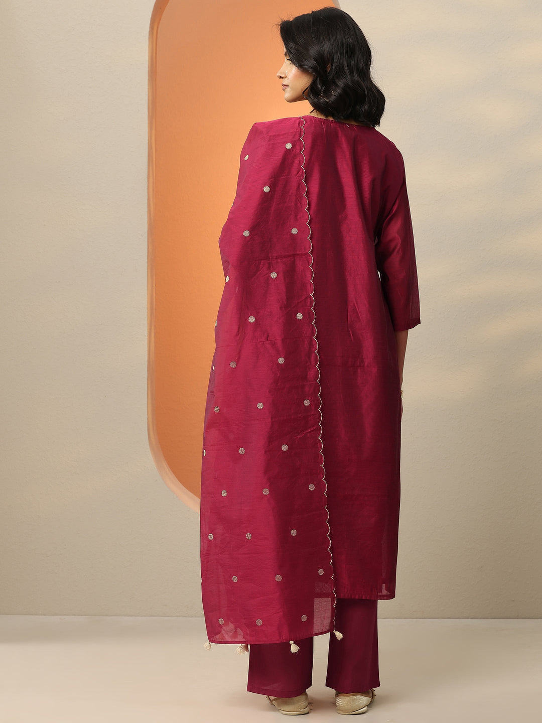 Maroon Embroidered Silk Blend  Straight Suit Set With Dupatta