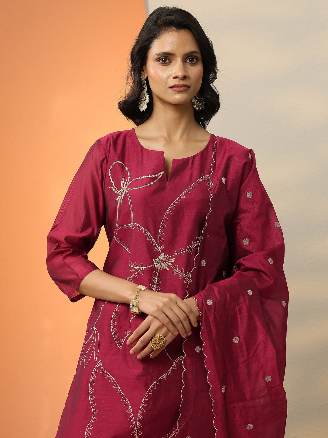 Maroon Embroidered Silk Blend  Straight Suit Set With Dupatta