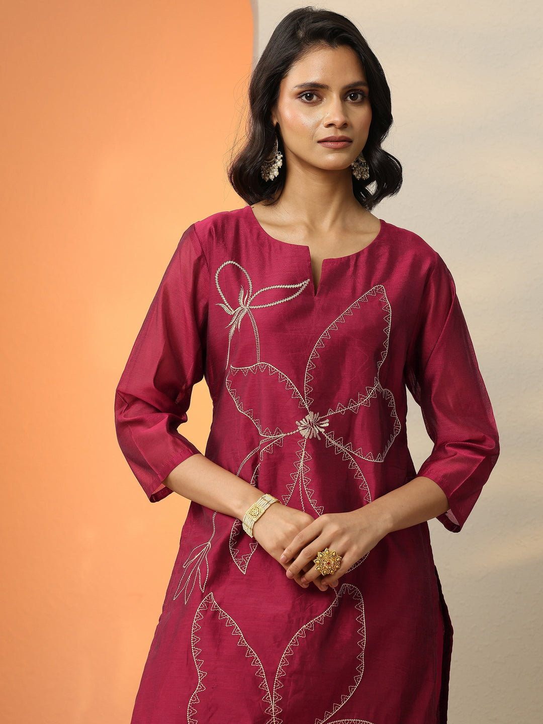 Maroon Embroidered Silk Blend  Straight Suit Set With Dupatta