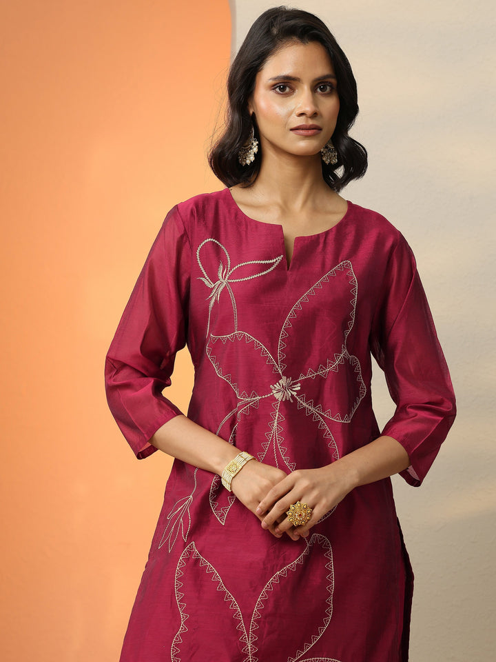Maroon Embroidered Silk Blend  Straight Suit Set With Dupatta