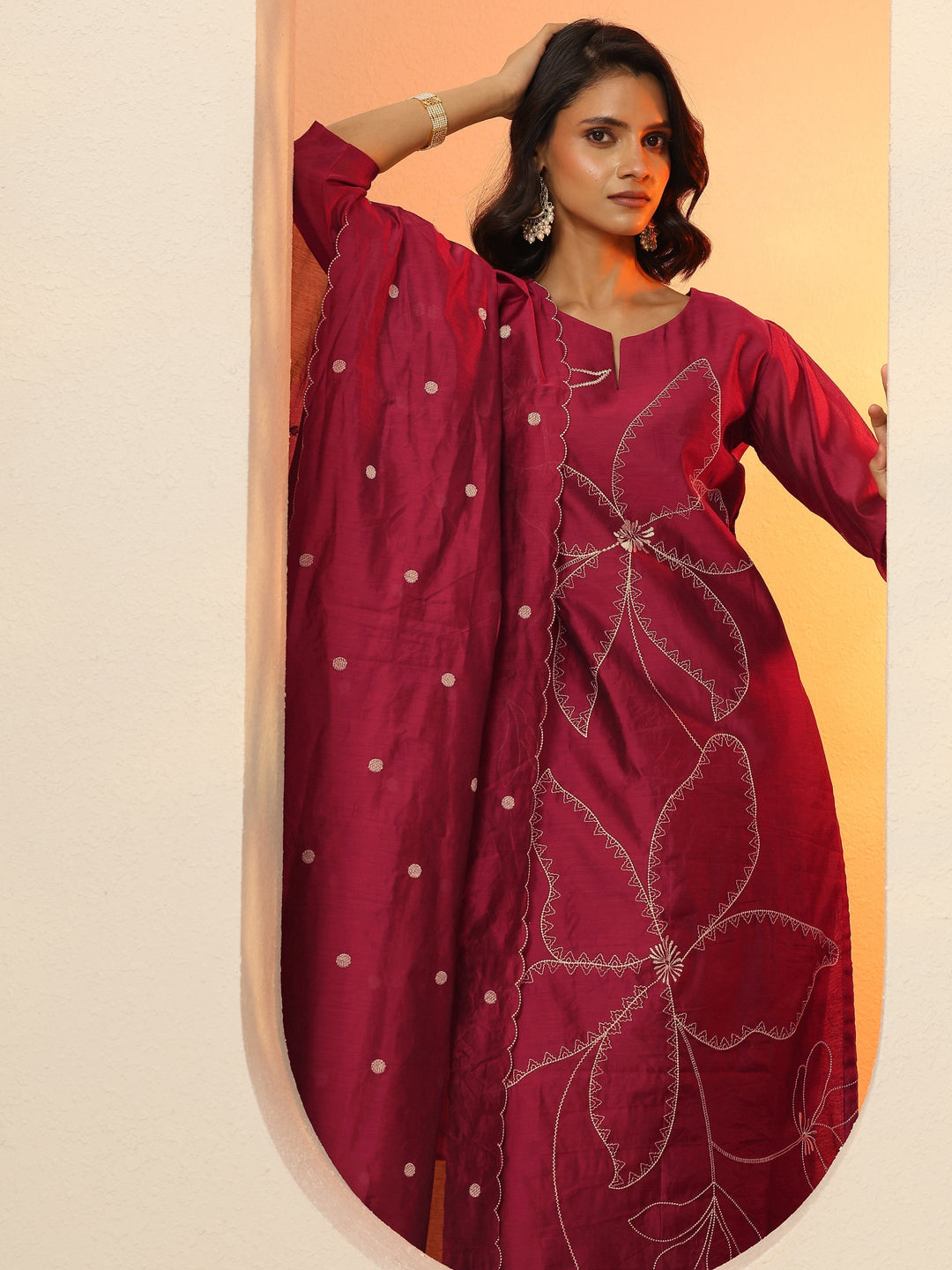 Maroon Embroidered Silk Blend  Straight Suit Set With Dupatta