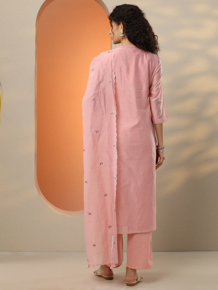 Pink Embroidered Silk Blend  Straight Suit Set With Dupatta