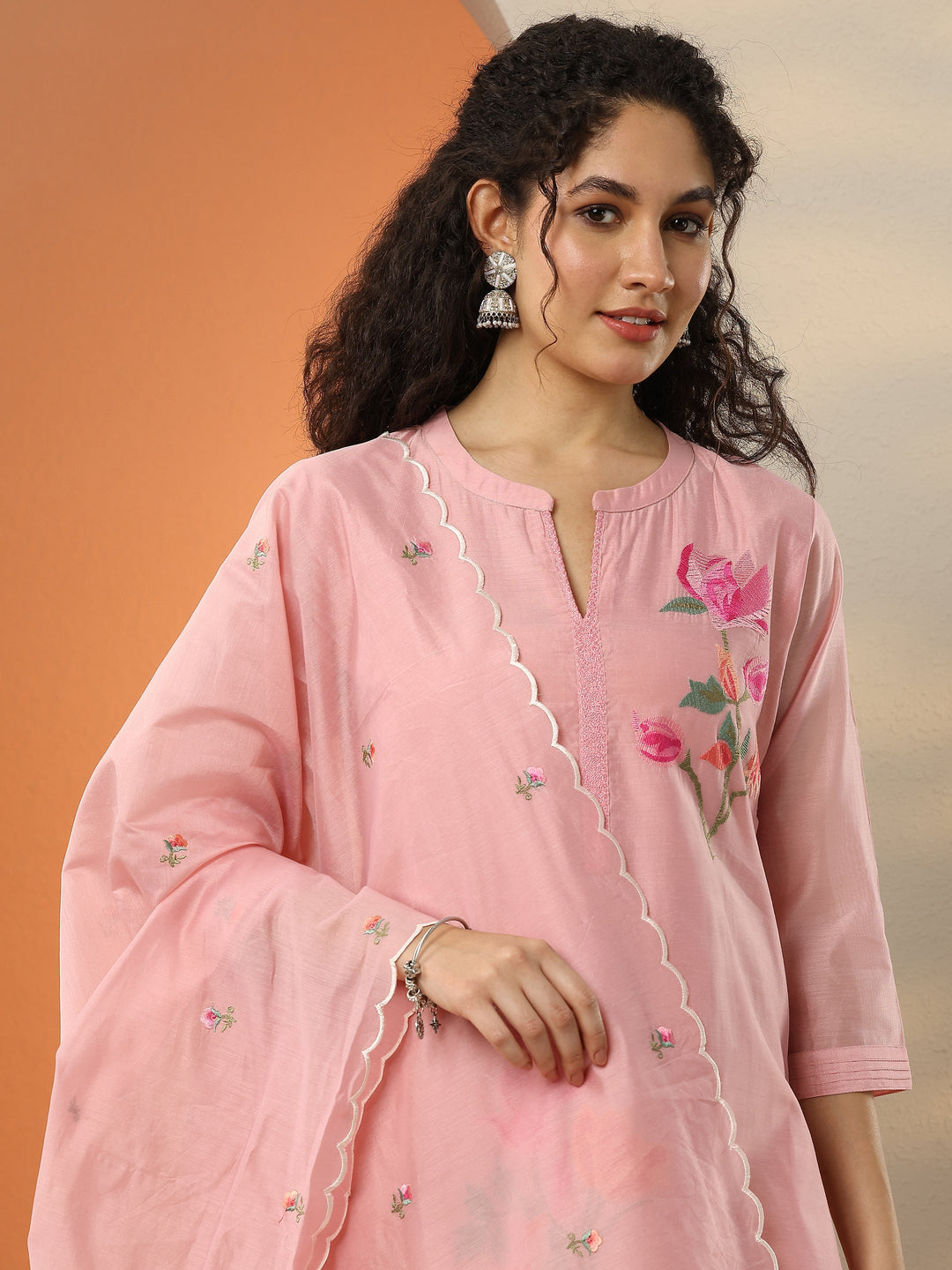 Pink Embroidered Silk Blend  Straight Suit Set With Dupatta
