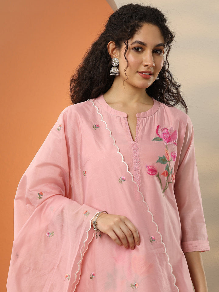 Pink Embroidered Silk Blend  Straight Suit Set With Dupatta
