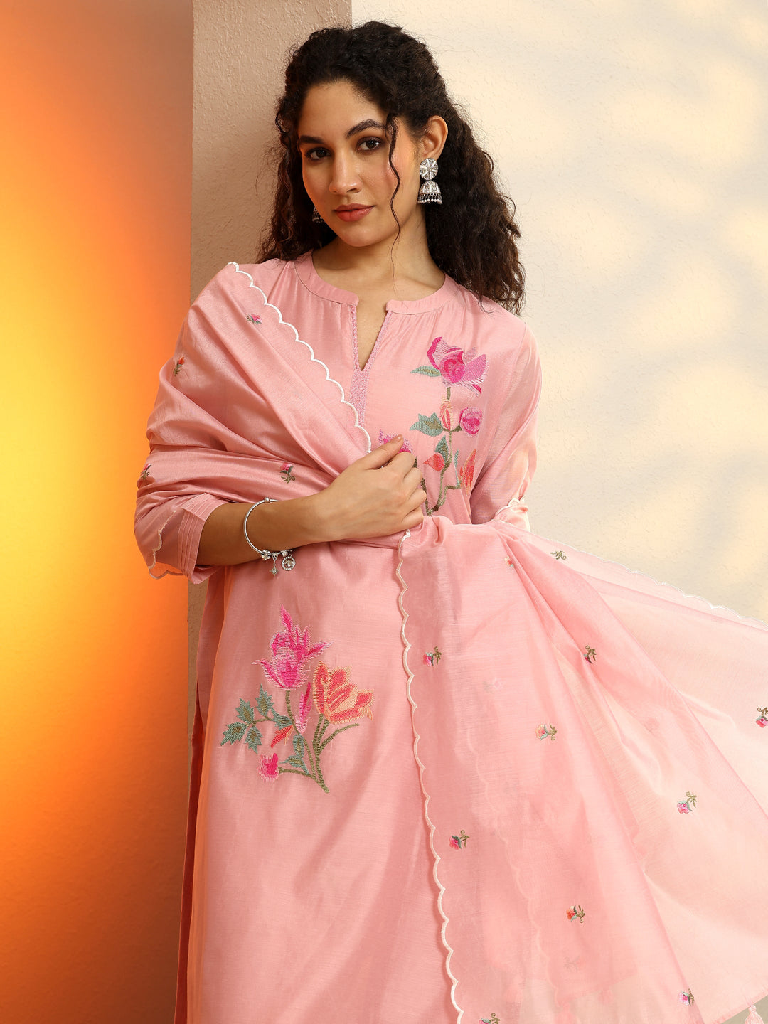 Pink Embroidered Silk Blend  Straight Suit Set With Dupatta