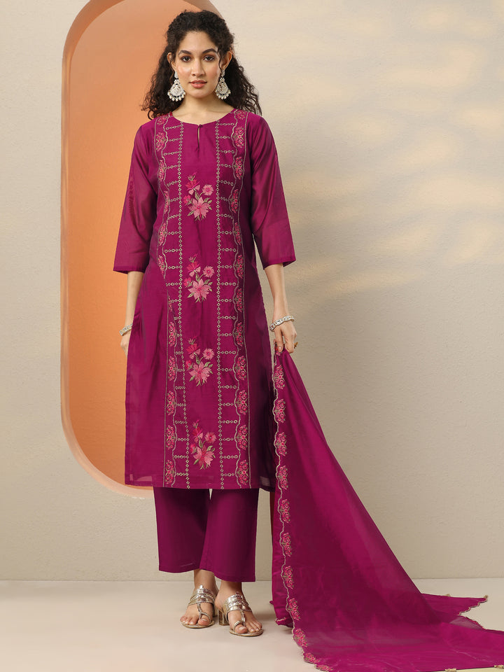 Magenta Embroidered Silk Blend Straight Suit Set With Dupatta