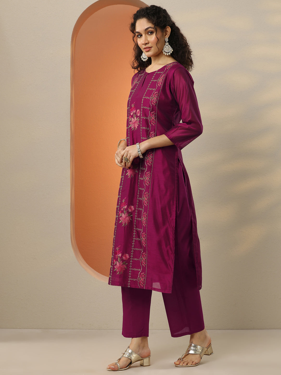 Magenta Embroidered Silk Blend Straight Suit Set With Dupatta