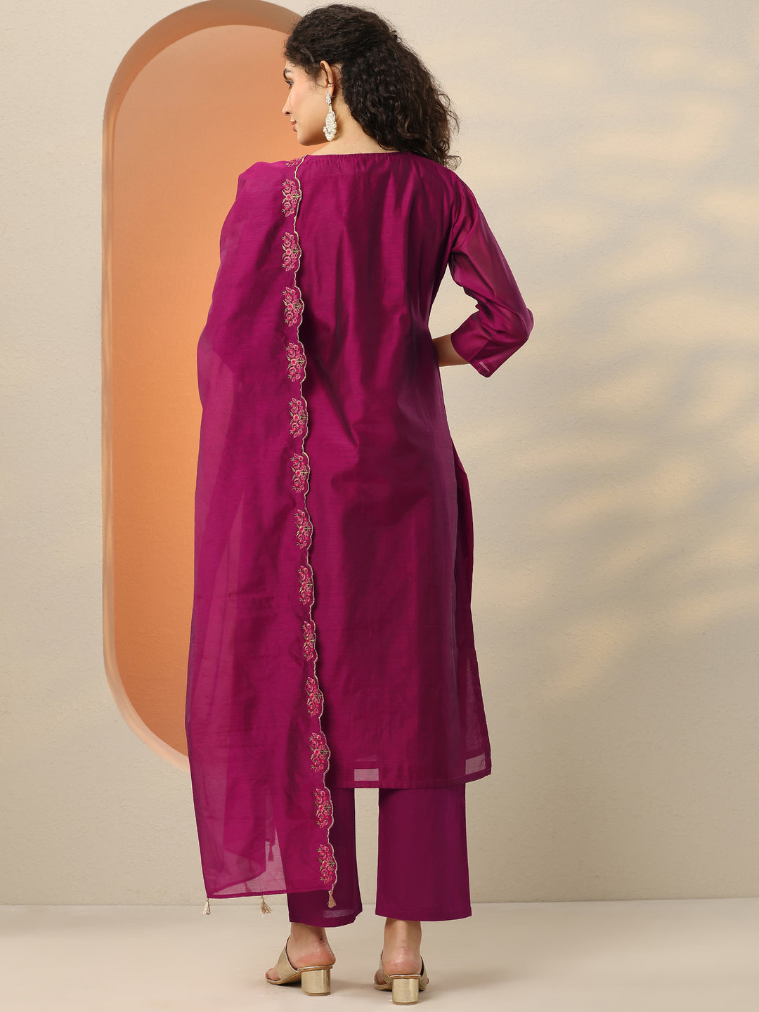 Magenta Embroidered Silk Blend Straight Suit Set With Dupatta