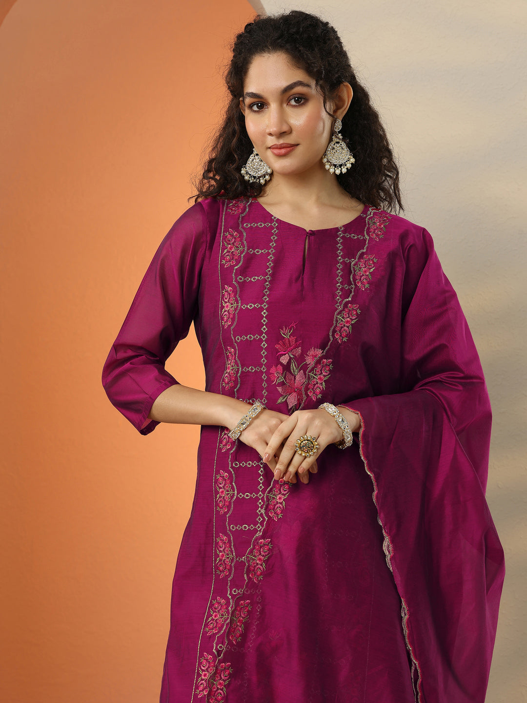 Magenta Embroidered Silk Blend Straight Suit Set With Dupatta