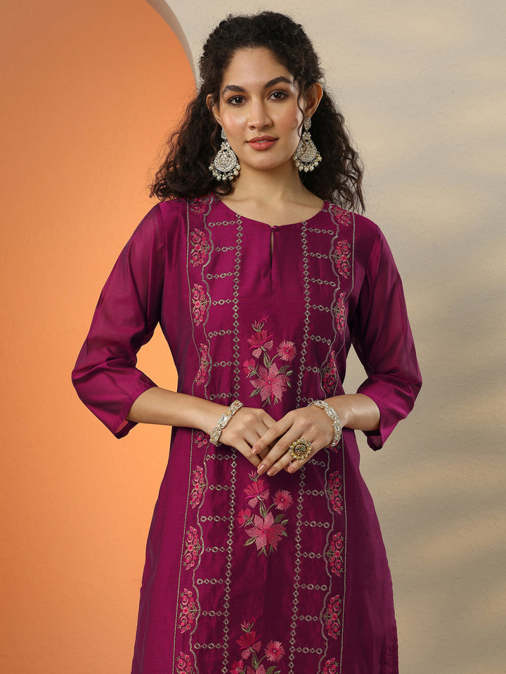 Magenta Embroidered Silk Blend Straight Suit Set With Dupatta