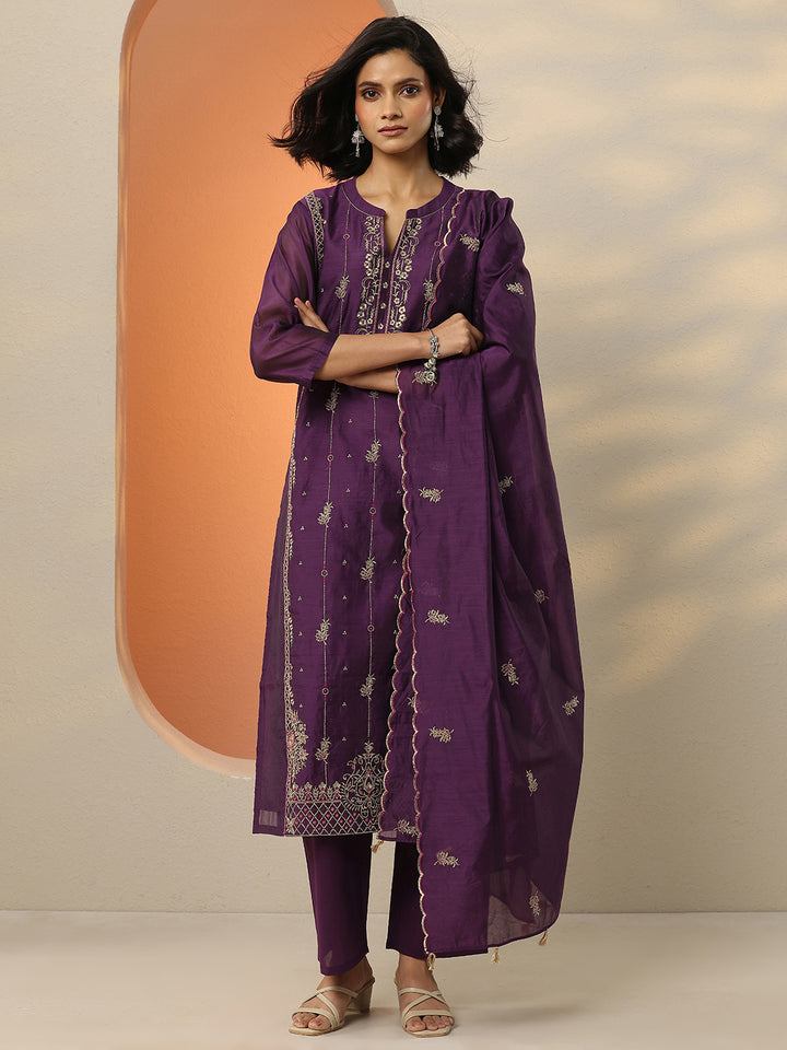Burgundy Embroidered Silk Blend Straight Suit Set With Dupatta