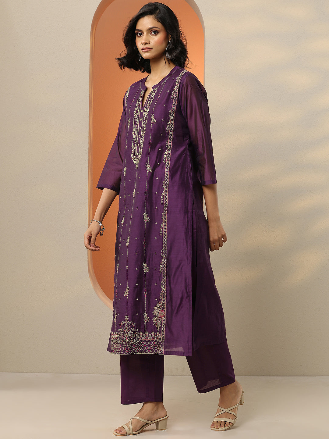 Burgundy Embroidered Silk Blend Straight Suit Set With Dupatta