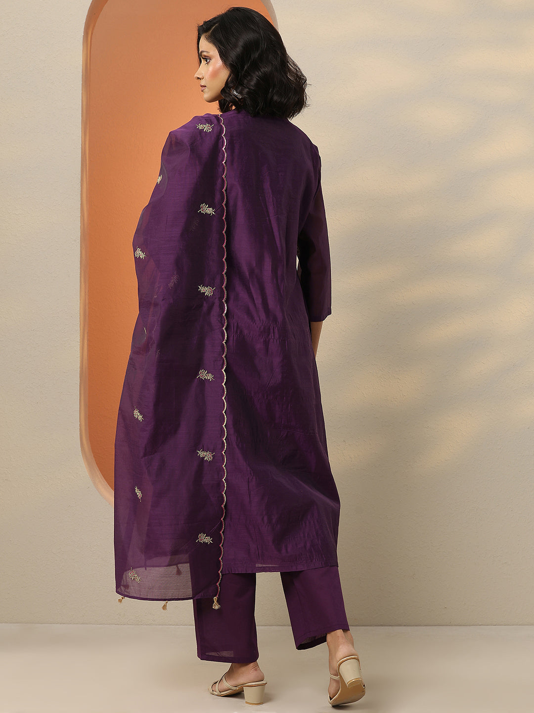 Burgundy Embroidered Silk Blend Straight Suit Set With Dupatta