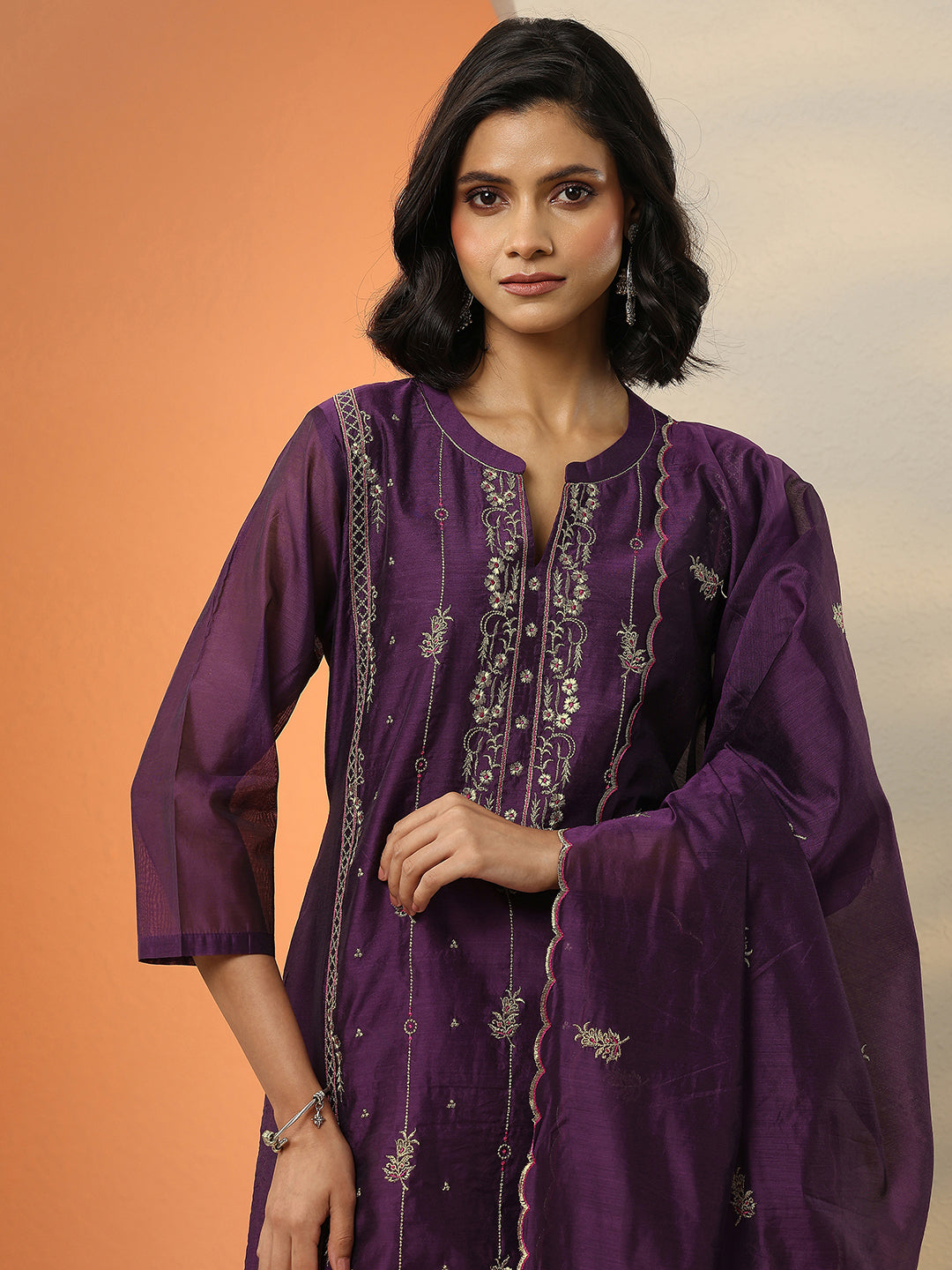 Burgundy Embroidered Silk Blend Straight Suit Set With Dupatta