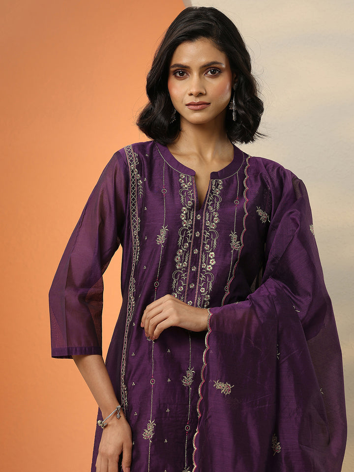 Burgundy Embroidered Silk Blend Straight Suit Set With Dupatta