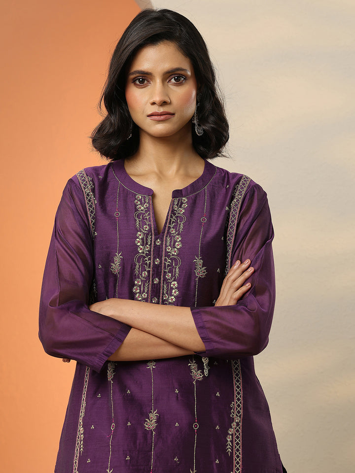 Burgundy Embroidered Silk Blend Straight Suit Set With Dupatta